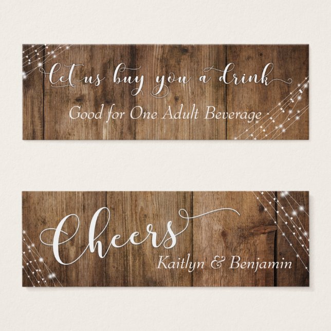 White Lights & Brown Rustic Wood Drink Tickets (Front & Back)