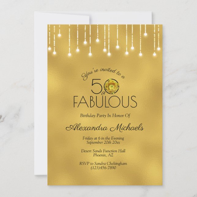 White Lights Faux Metallic Gold Cactus 50 Fabulous Invitation (Front)