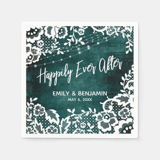 White Lights & Lace Rustic Teal Happily Ever After Napkin (Front)