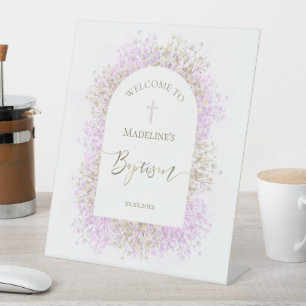 white lilac flowers Baptism welcome sign