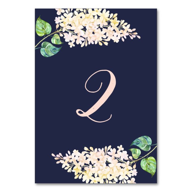 White lilac.Navy floral romantic wedding. Blue Table Number (Front)