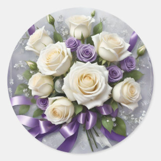 White & lilac roses bouquet, lilac ribbons classic round sticker
