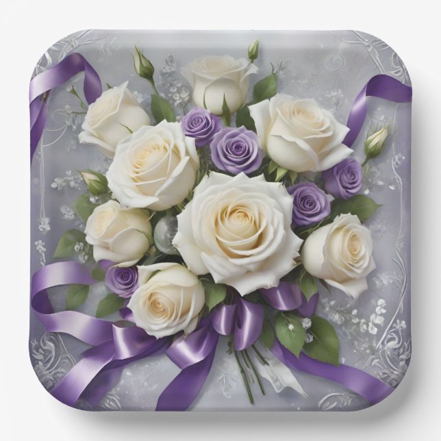 White, lilac roses bouquet, white ribbons paper plate (Front)
