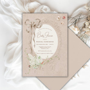 White Lilacs Ribbon Vintage Whimsical Baby Invitation