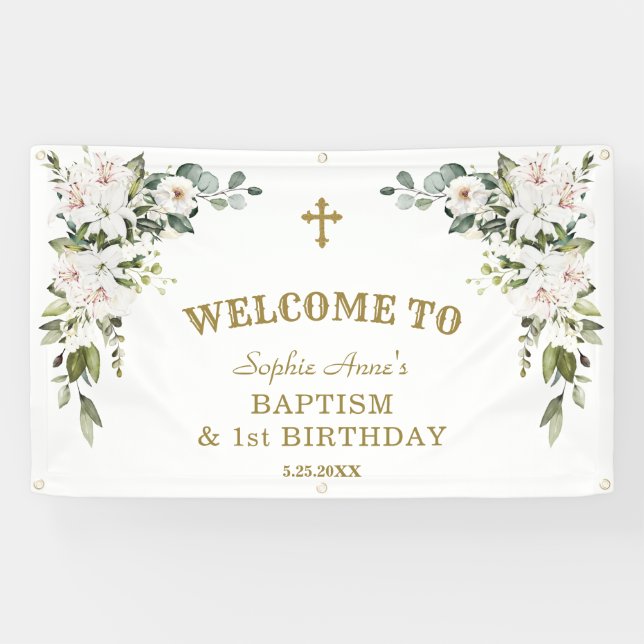 White Lilies 1st Birthday Baptism Welcome Sign (Horizontal)