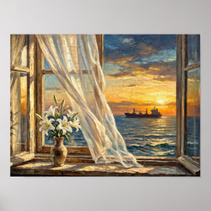 White Lilies at Open Window Sunset Sea View Poster