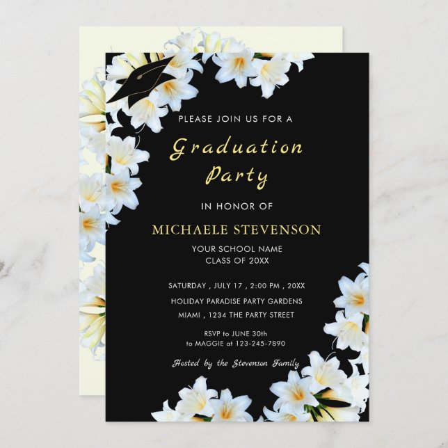 White Lilies Black Graduation Invitation Template (Front/Back)