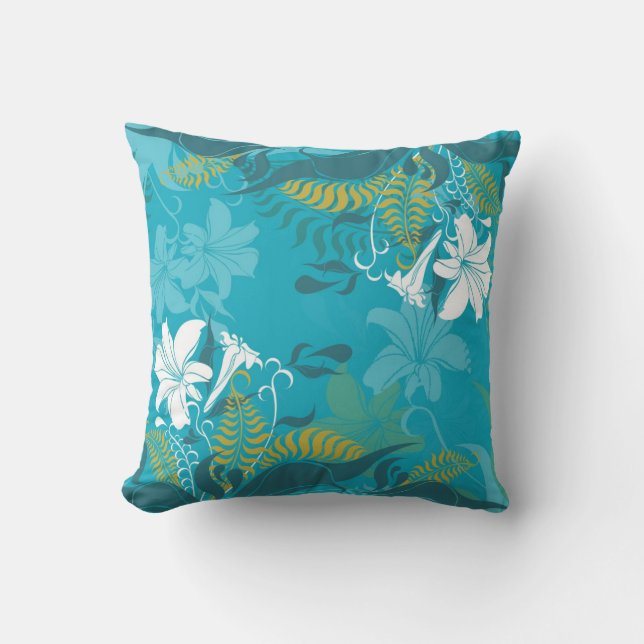 White Lilies Blue Background Cushion (Front)