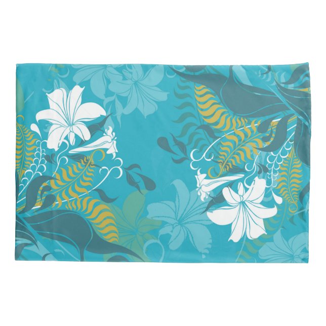 White Lilies Blue Background Pillowcase (Back)