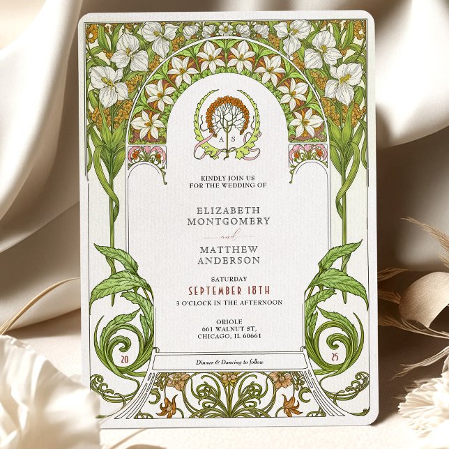 White Lilies & Daffodils Art Nouveau Wedding Invitation (Creator Uploaded)