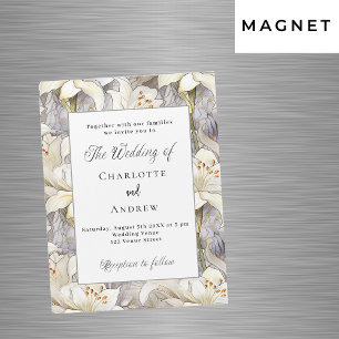 White lilies florals silver retro luxury wedding magnetic invitation