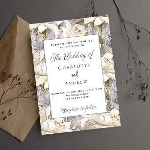 White lilies florals silver retro wedding invitation