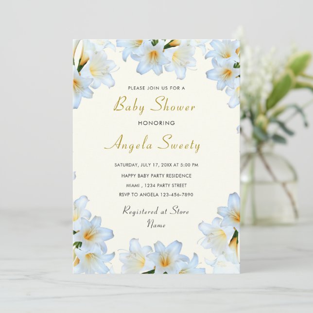 White Lilies Flowers Baby Shower Invitation (Standing Front)