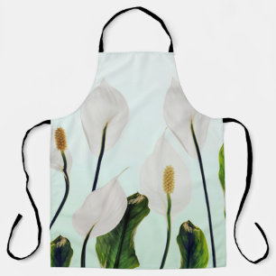 White Lilies Flowers Blue Seamless Apron