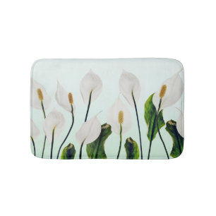 White Lilies Flowers Blue Seamless Bath Mat