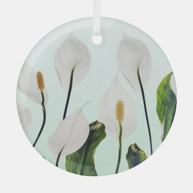 White Lilies Flowers Blue Seamless Glass Tree Decoration (Front)