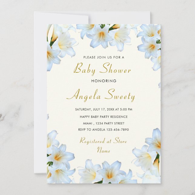 White Lilies Frame Baby Shower Invitation Template (Front)