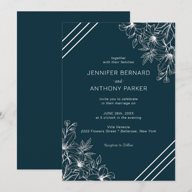White Lilies Hand Drawn Wedding Invitation (Front/Back)