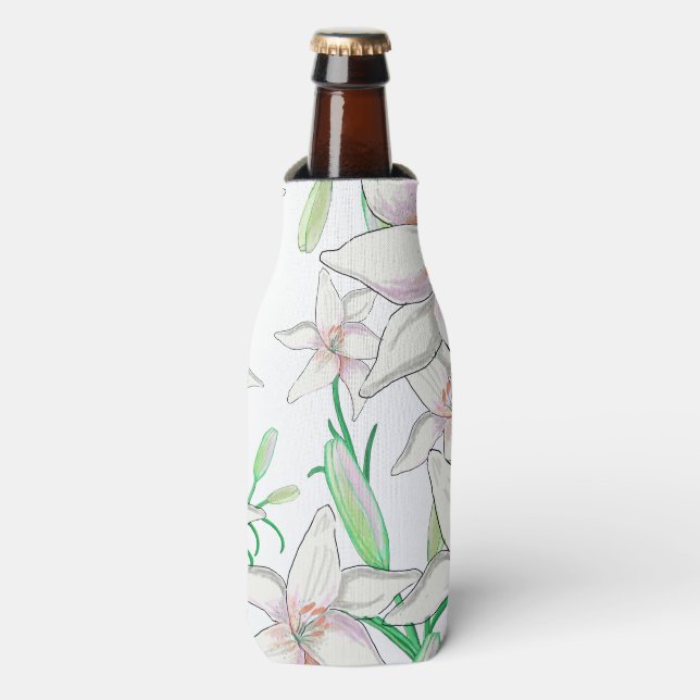 White Lilies Illustration  Bottle Cooler (Bottle Front)