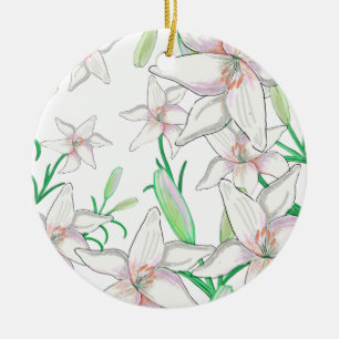 White Lilies Illustration Ceramic Tree Decoration