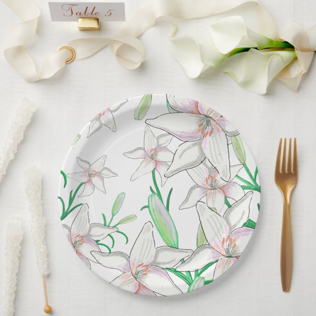 White Lilies Illustration Paper Plate (Wedding)