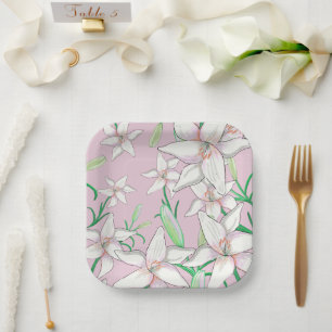 White Lilies Illustration Pink Paper Plate