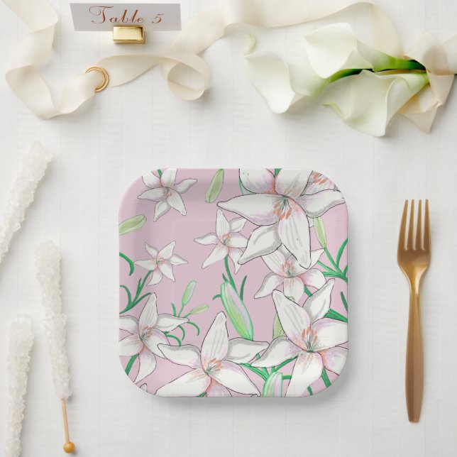 White Lilies Illustration Pink Paper Plate (Wedding)