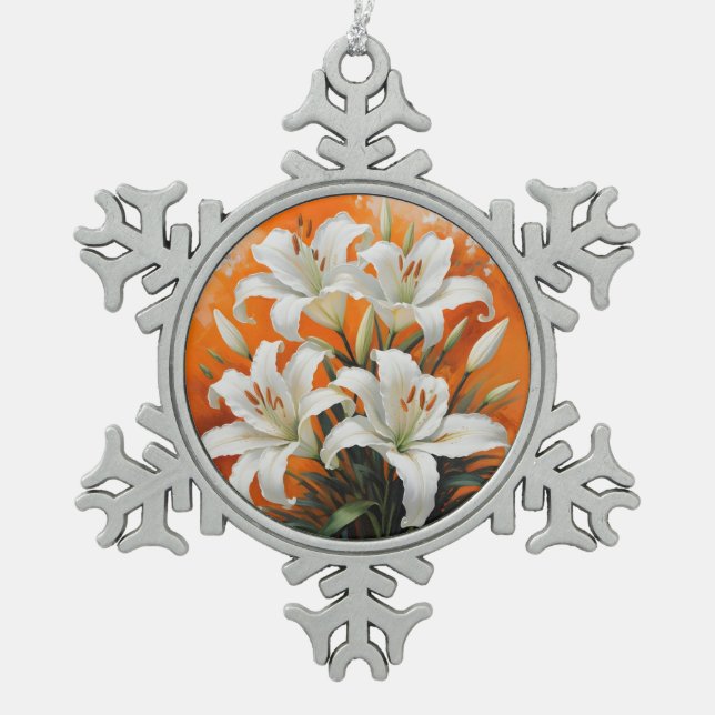 White lilies illustration snowflake pewter christmas ornament (Front)