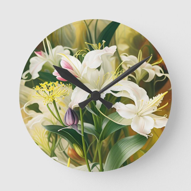 White Lilies in Bloom Round Clock (Front)