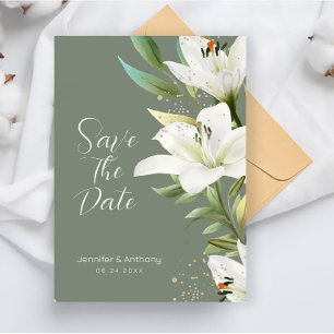 White Lilies on Smokey Green Background Save The Save The Date