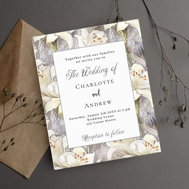 White lilies silver budget wedding invitation flyer (Creator Uploaded)