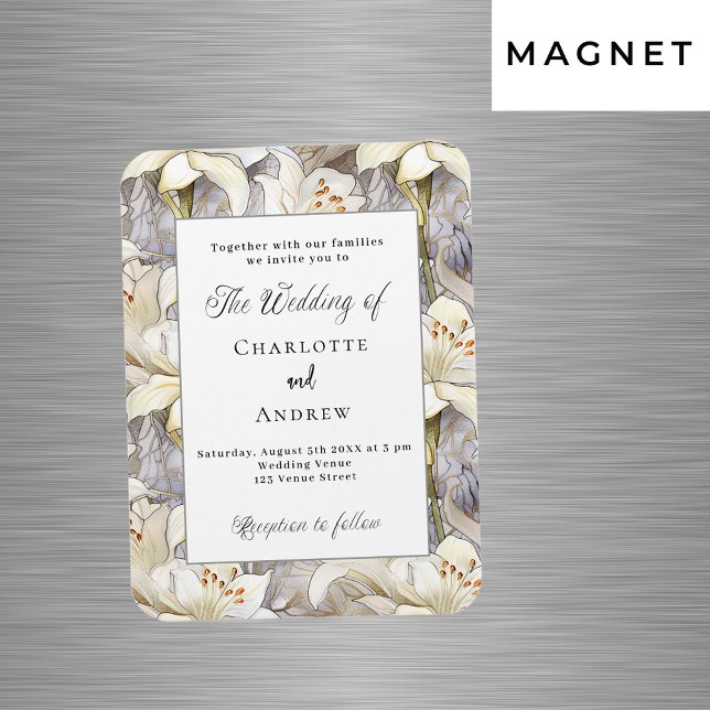 White lilies silver retro wedding invitation magnet (Creator Uploaded)