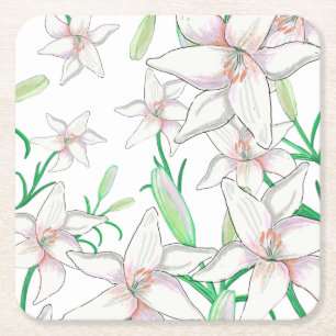 White Lilies Square Paper Coaster