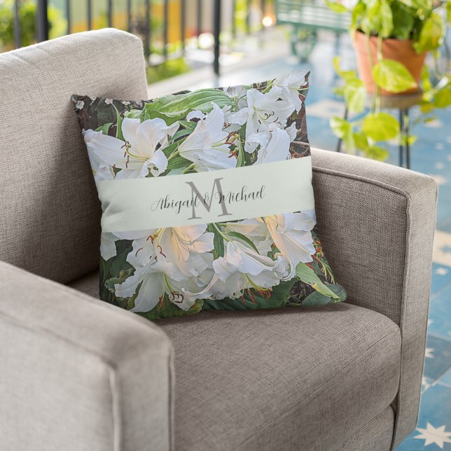 White Lilies Wedding Couple Monogram Floral Cushion (In Situ Chair)