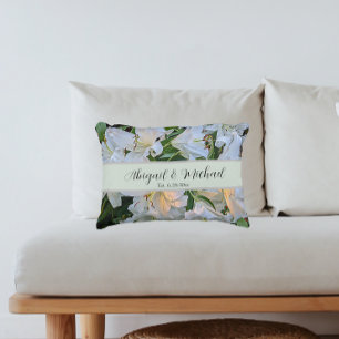 White Lilies Wedding Couple Names Floral Decorative Cushion