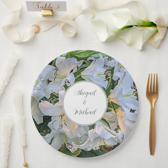 White Lilies Wedding Couple Names Floral Paper Plate (Wedding)