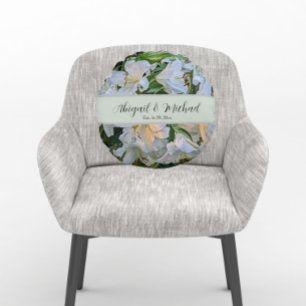White Lilies Wedding Couple Names Floral Round Cushion