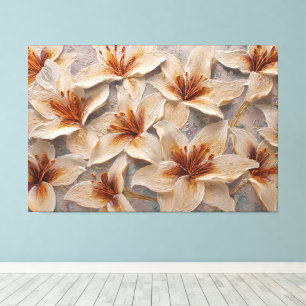White Lilies with Golden Centres Textured Abstract Canvas Print