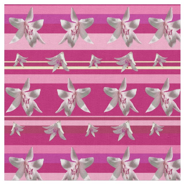 White Lilium Flowers & Stripes  Fabric (Close Up)