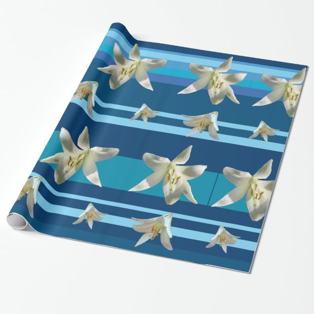 White Lilium Flowers & Stripes Wrapping Paper (Unrolled)