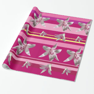 White Lilium Flowers & Stripes Wrapping Paper