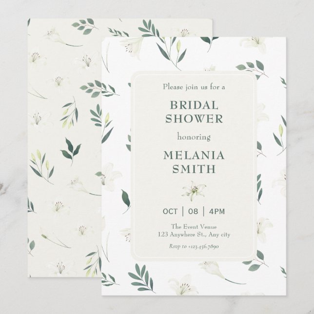 White liliy floral bridal shower invitation (Front/Back)