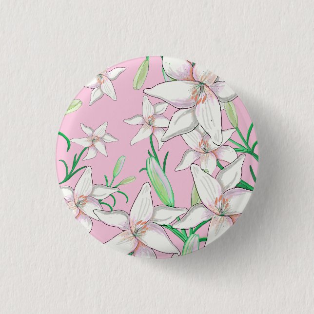 White Lillies on Pink Background Illustration  3 Cm Round Badge (Front)