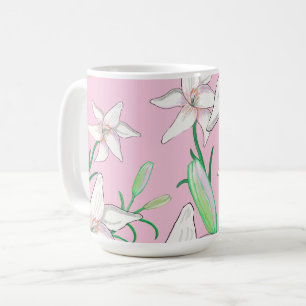 White Lillies on Pink Background Illustration  Coffee Mug