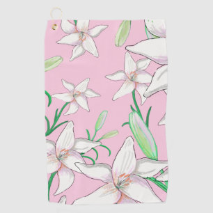 White Lillies on Pink Background Illustration   Golf Towel