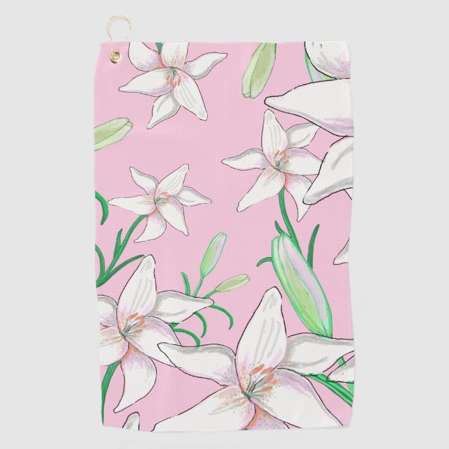 White Lillies on Pink Background Illustration   Golf Towel (Front)