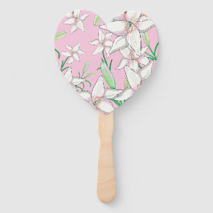 White Lillies on Pink Background Illustration Hand Fan