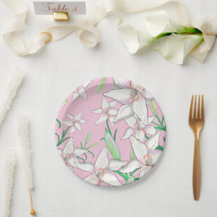 White Lillies on Pink Background Illustration Pap Paper Plate