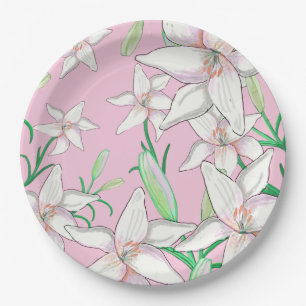 White Lillies on Pink Background Illustration    Paper Plate