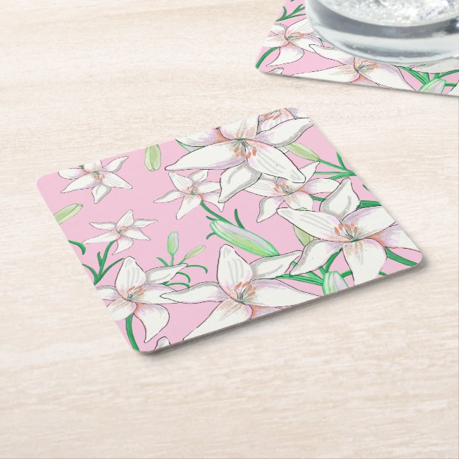 White Lillies on Pink Background Illustration  Square Paper Coaster (Angled)